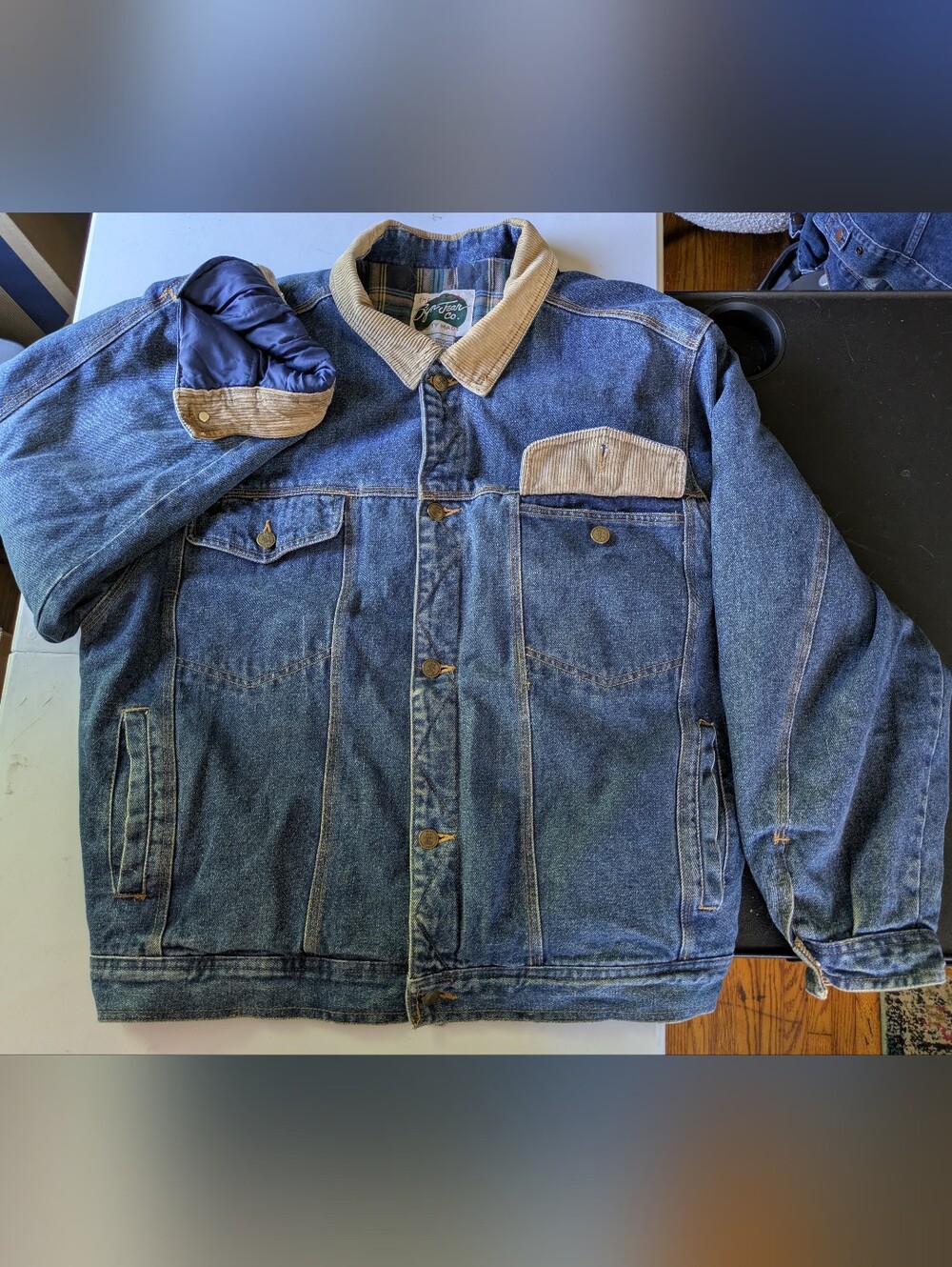 Vintage Flannel Lined Syn Jeans Co. Denim Trucker Jacket with Tan Corduroy Trim